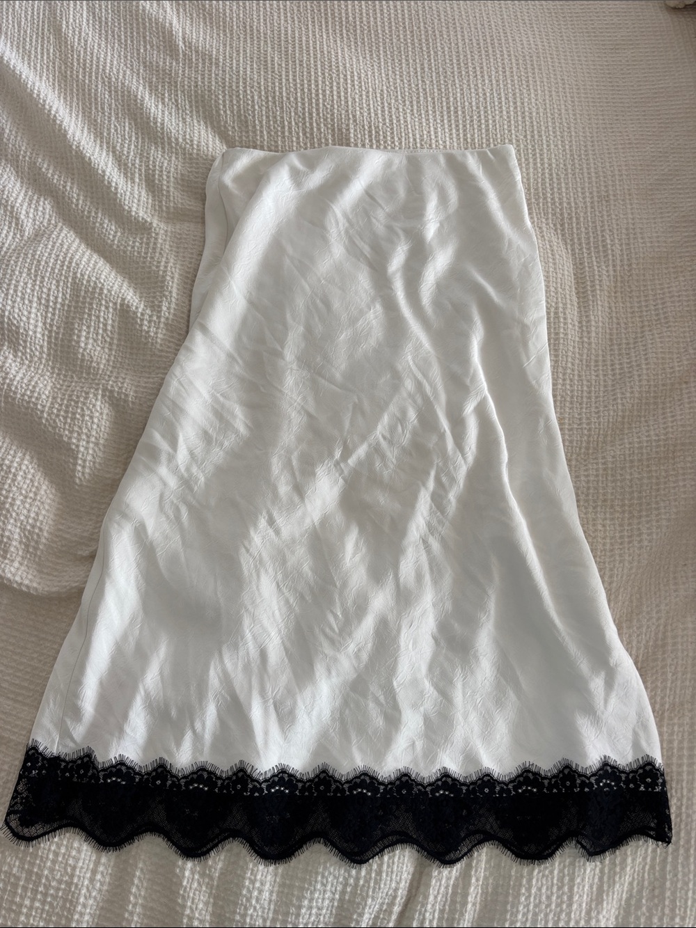 White Midi Satin Skirt with Black Lace Hem
